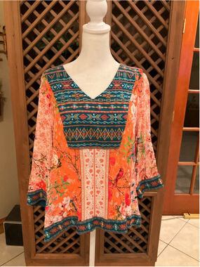 John Mark Boho Embroidered Bird Tunic Petite Large
